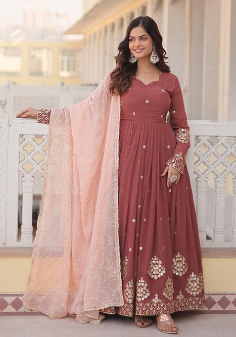 Brown Zari Thread Sequin Embroidered Faux Georgette Gown With Dupatta