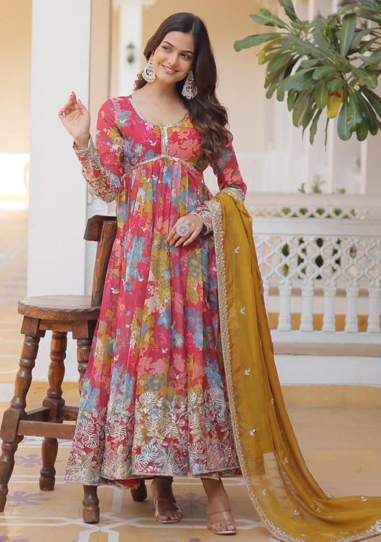 Red Zari Sequin Embroidered Russian Silk Gown With Dupatta