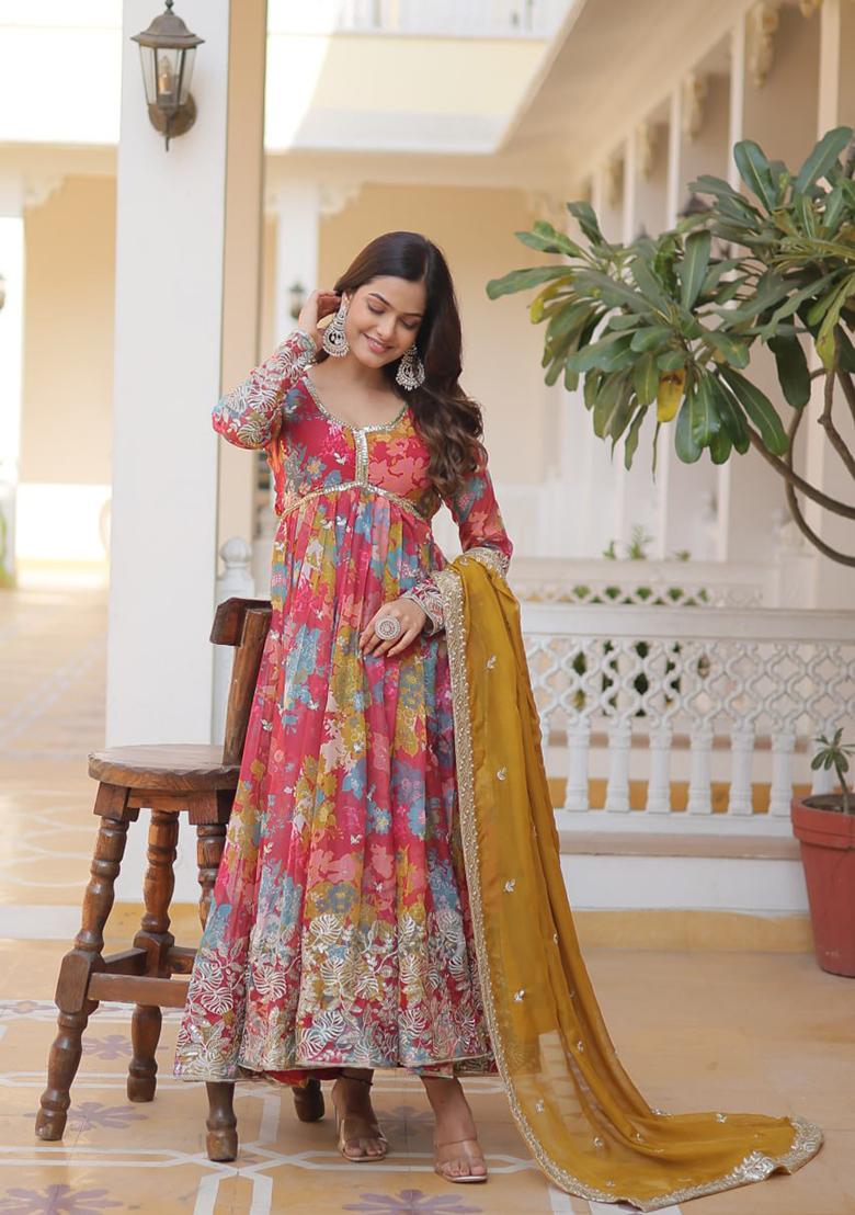 Red Zari Sequin Embroidered Russian Silk Gown With Dupatta