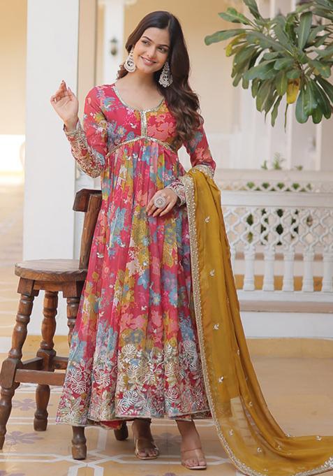 Red Zari Sequin Embroidered Russian Silk Gown With Dupatta