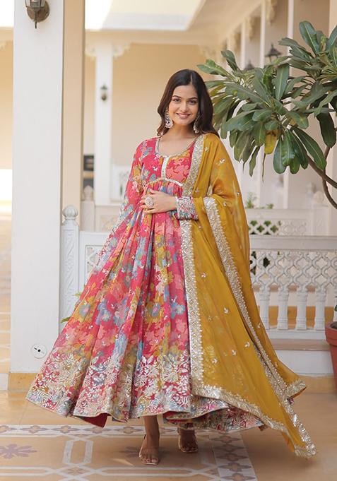 Red Zari Sequin Embroidered Russian Silk Gown With Dupatta