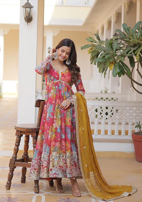 Red Zari Sequin Embroidered Russian Silk Gown With Dupatta