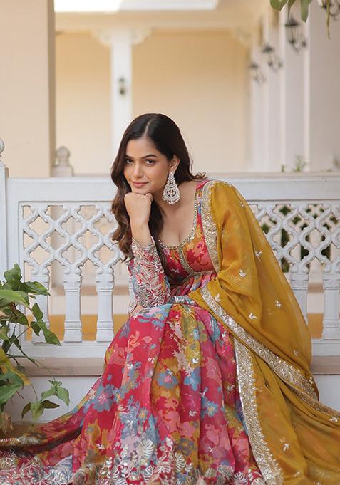 Red Zari Sequin Embroidered Russian Silk Gown With Dupatta