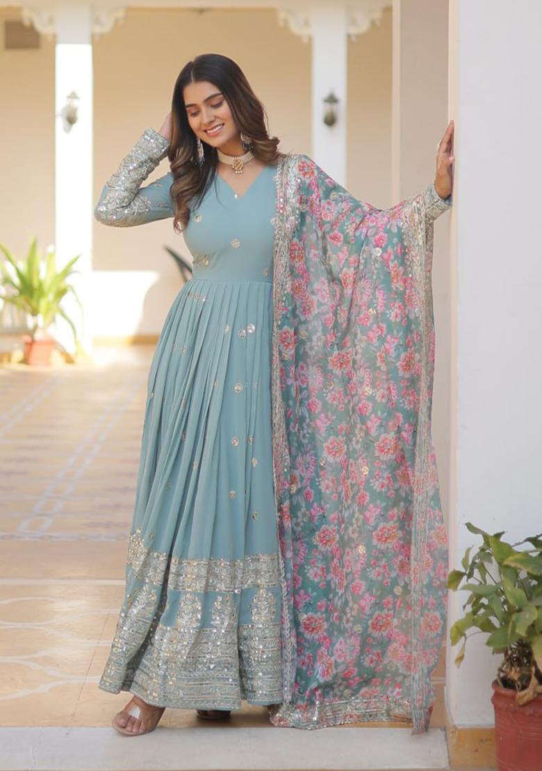 Sky Blue Zari Sequin Embroidered Faux Georgette Gown With Dupatta