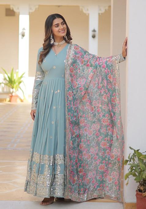 Sky Blue Zari Sequin Embroidered Faux Georgette Gown With Dupatta