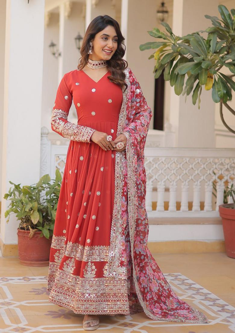 Red Zari Sequin Embroidered Faux Georgette Gown With Dupatta