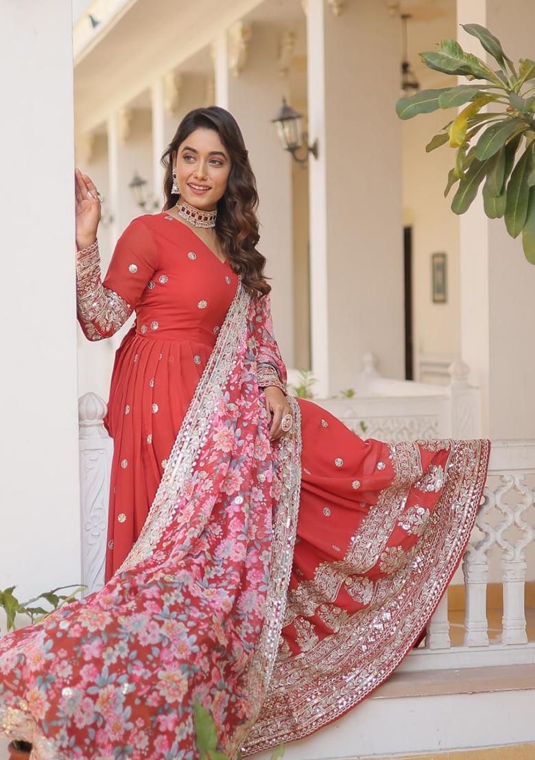 Red Zari Sequin Embroidered Faux Georgette Gown With Dupatta