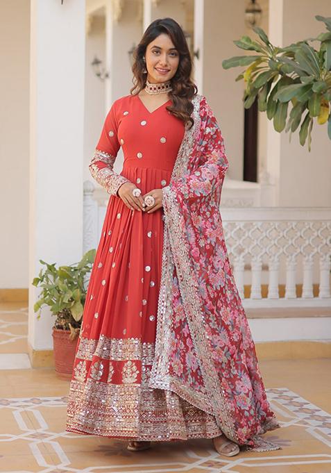 Red Zari Sequin Embroidered Faux Georgette Gown With Dupatta