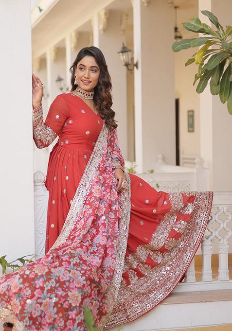 Red Zari Sequin Embroidered Faux Georgette Gown With Dupatta