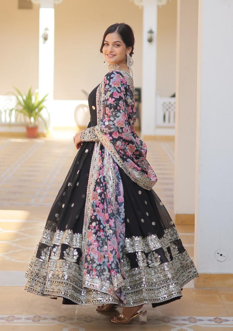 Black Zari Sequin Embroidered Faux Georgette Gown With Dupatta