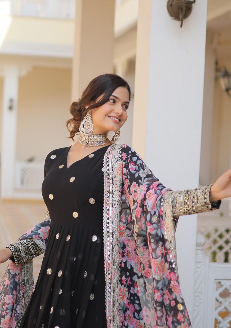 Black Zari Sequin Embroidered Faux Georgette Gown With Dupatta