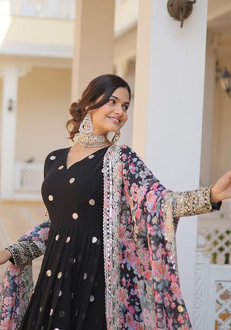 Black Zari Sequin Embroidered Faux Georgette Gown With Dupatta