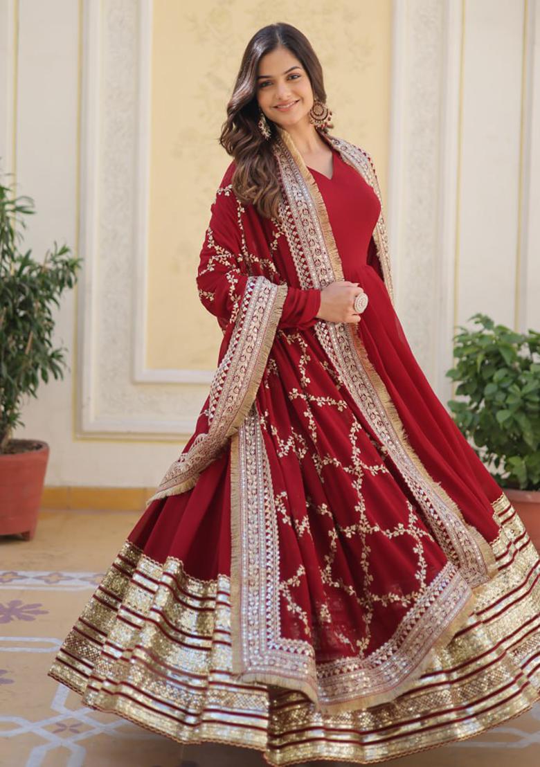Maroon Zari Sequin Embroidered Faux Blooming Gown With Dupatta