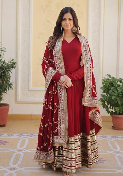 Maroon Zari Sequin Embroidered Faux Blooming Gown With Dupatta