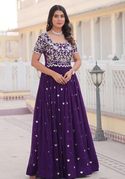 Purple Coding Sequin Embroidered Faux Blooming Gown