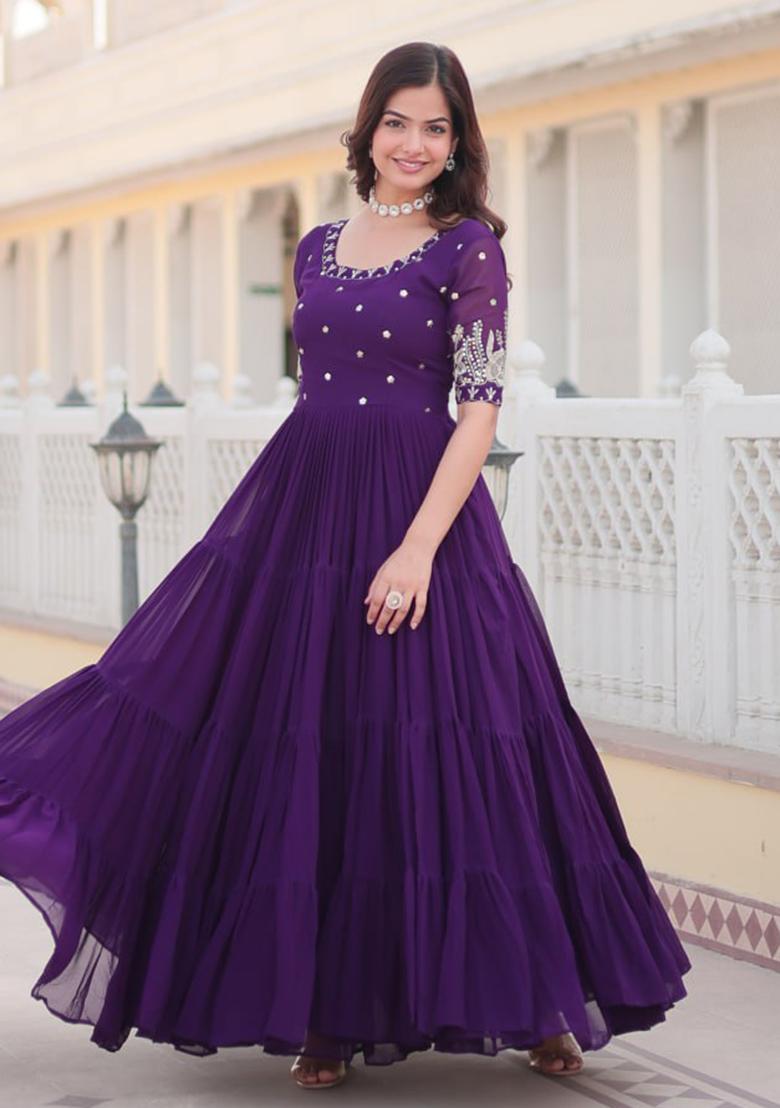 Purple Zari Sequin Embroidered Faux Blooming Gown