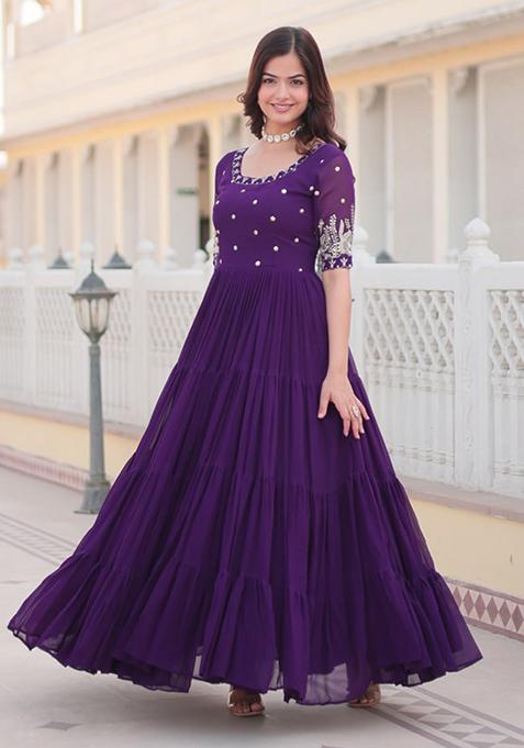 Purple Zari Sequin Embroidered Faux Blooming Gown