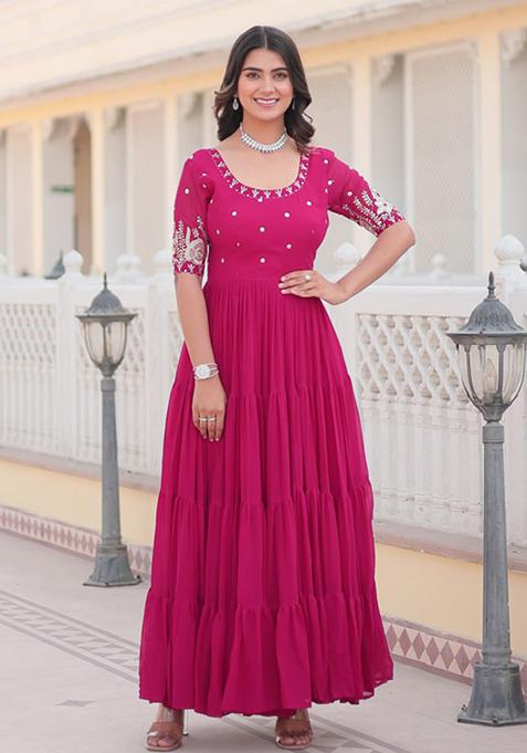 Pink Zari Sequin Embroidered Faux Blooming Gown