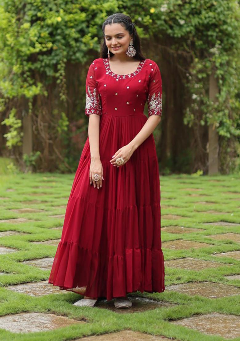 Red Zari Sequin Embroidered Faux Blooming Gown