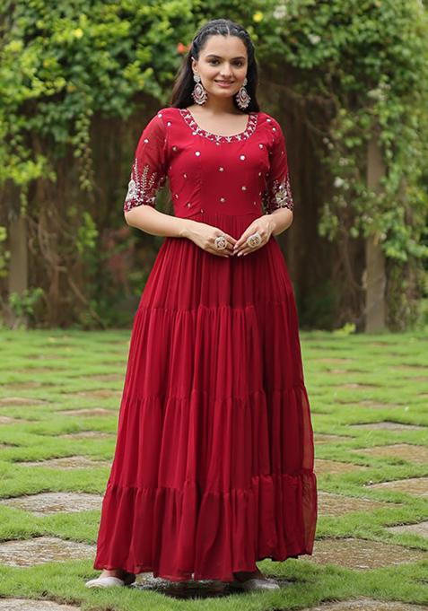 Red Zari Sequin Embroidered Faux Blooming Gown