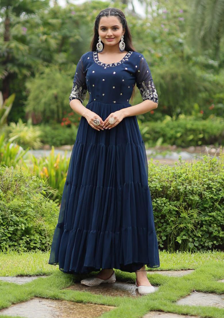 Blue Zari Sequin Embroidered Faux Blooming Gown - Indya