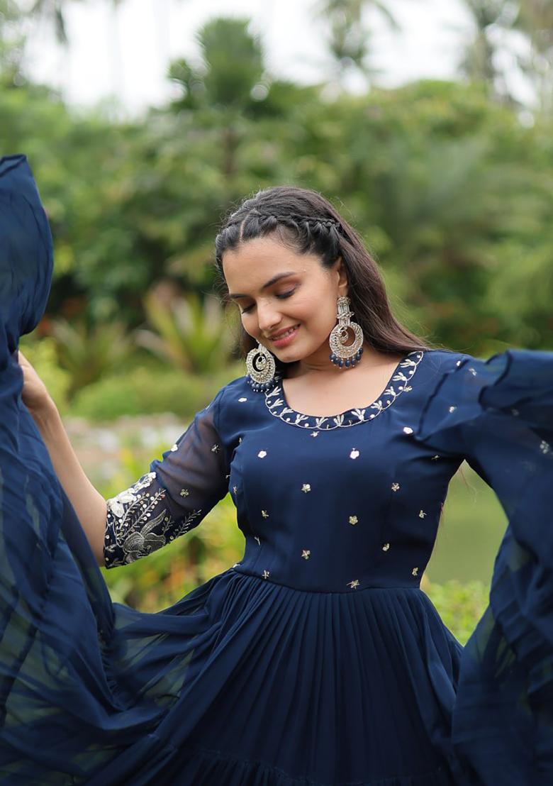 Blue Zari Sequin Embroidered Faux Blooming Gown