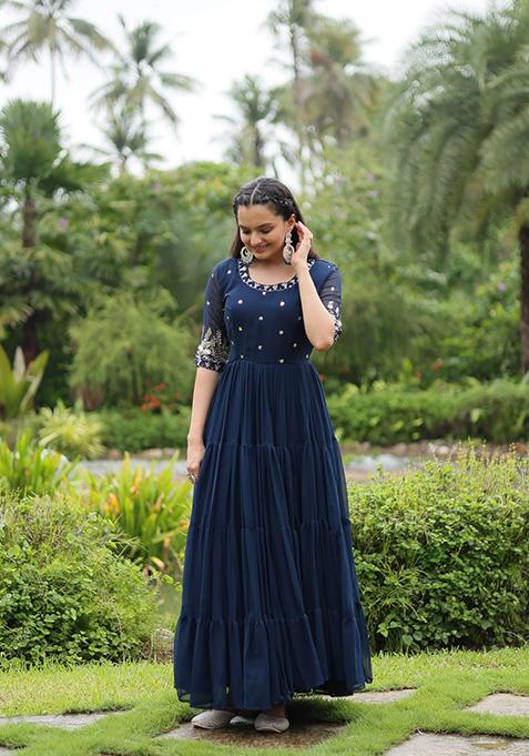 Blue Zari Sequin Embroidered Faux Blooming Gown