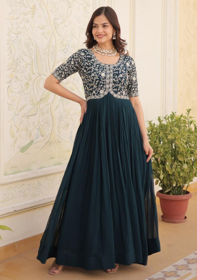 Rama Green Zari Sequin Embroidered Faux Blooming Gown