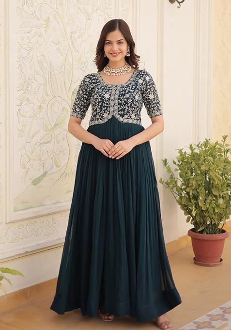 Rama Green Zari Sequin Embroidered Faux Blooming Gown