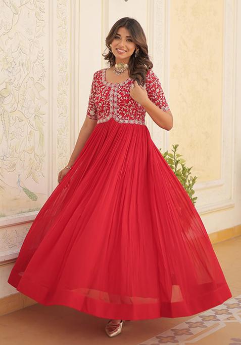 Red Zari Sequin Embroidered Faux Blooming Gown