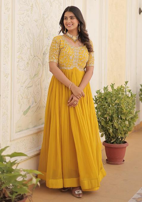 Yellow Zari Sequin Embroidered Faux Blooming Gown