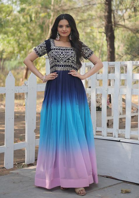 Multicolor Zari Sequin Embroidered Faux Blooming Gown