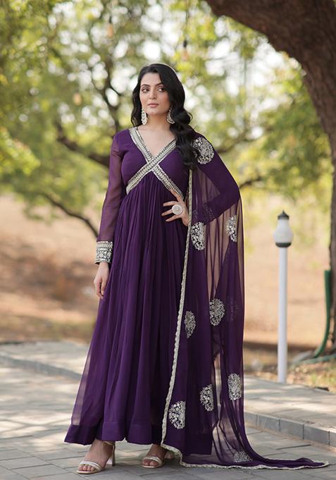 Purple Zari Sequin Embroidered Faux Blooming Gown