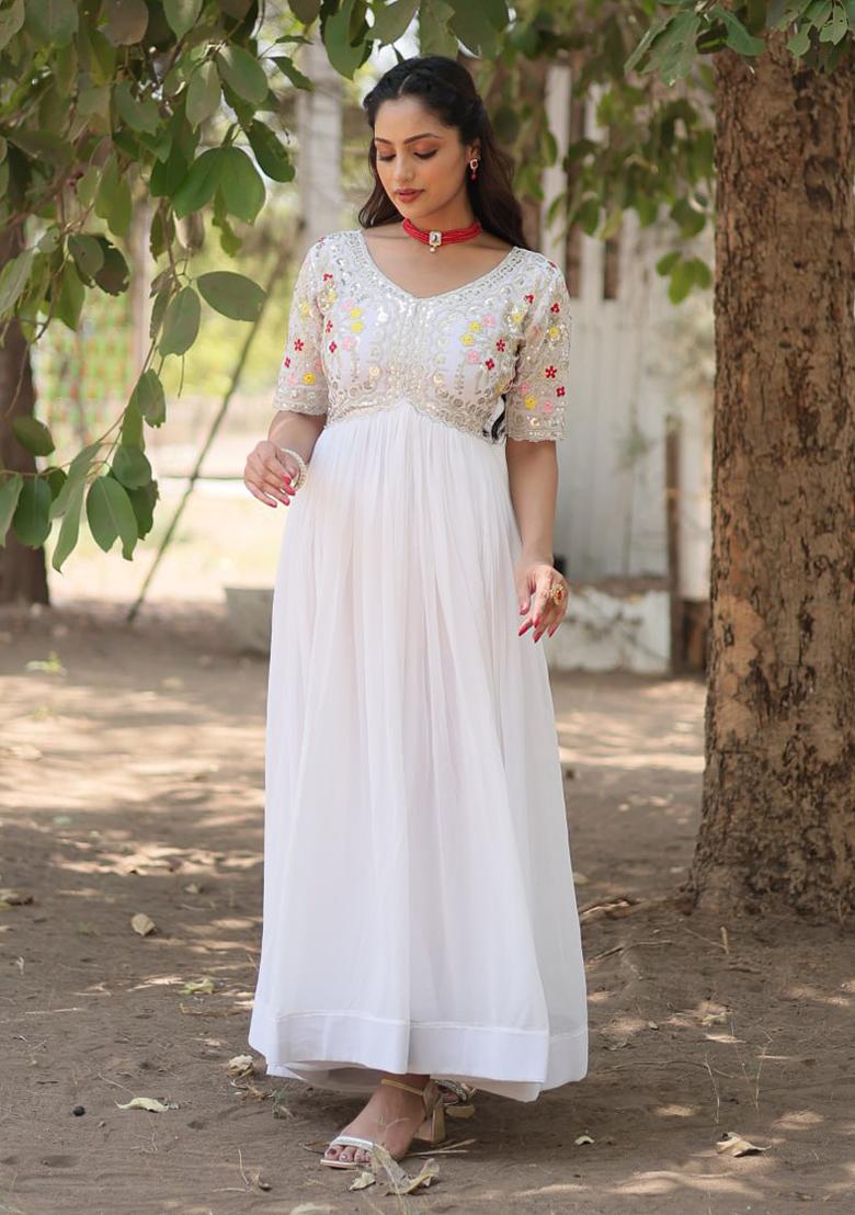 White Zari Sequin Embroidered Faux Blooming Gown