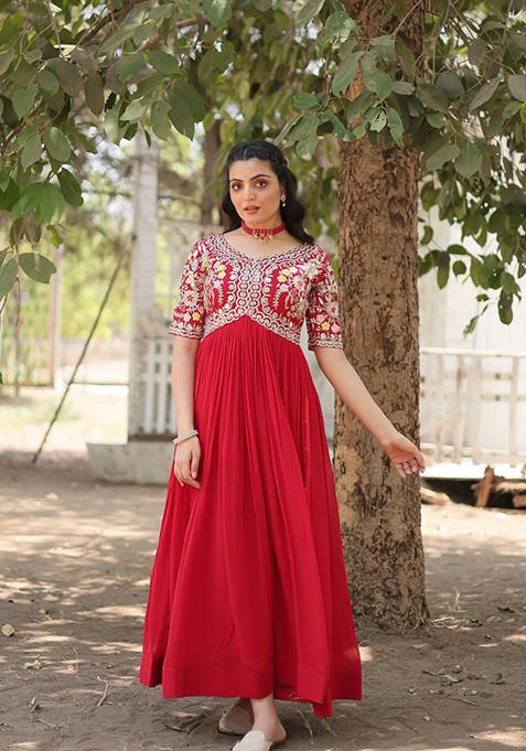 Red Zari Sequin Embroidered Faux Blooming Gown