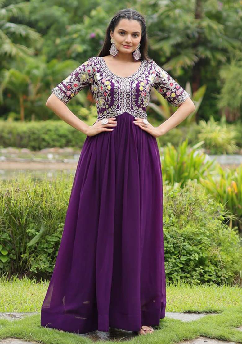 Purple Zari Sequin Embroidered Faux Blooming Gown - Indya