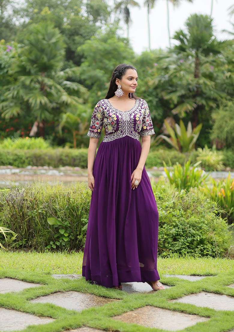 Purple Zari Sequin Embroidered Faux Blooming Gown - Indya