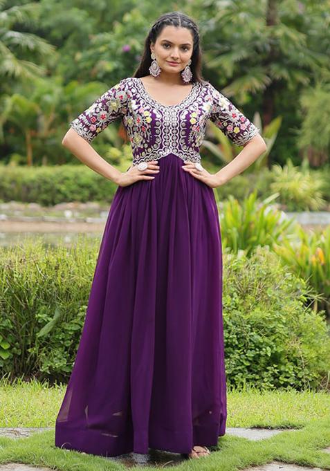 Purple Zari Sequin Embroidered Faux Blooming Gown