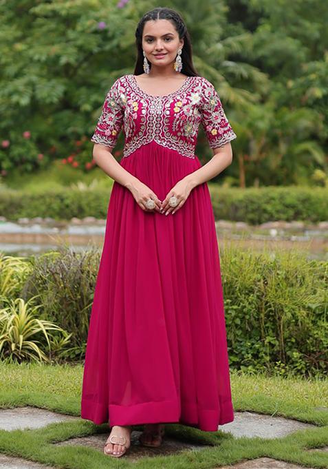 Pink Zari Sequin Embroidered Faux Blooming Gown