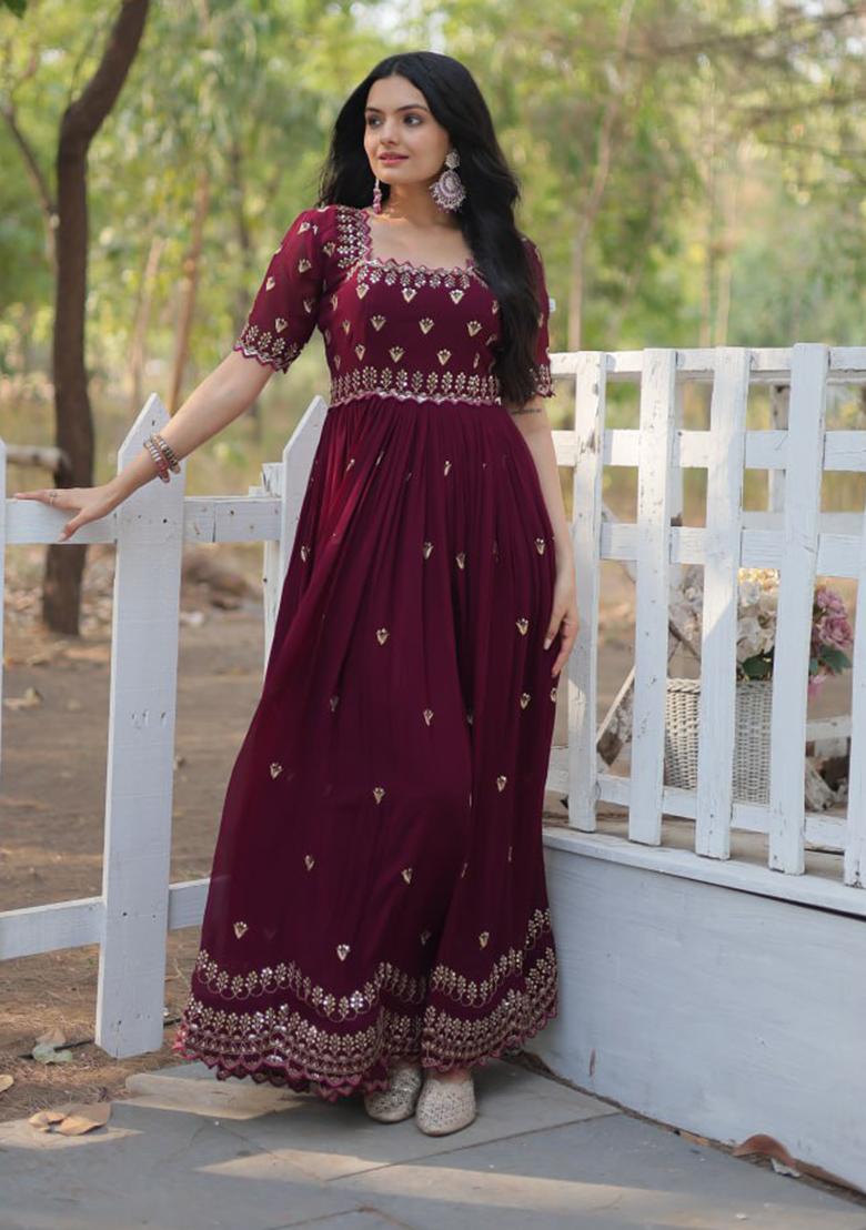Maroon Zari Sequin Embroidered Faux Blooming Gown