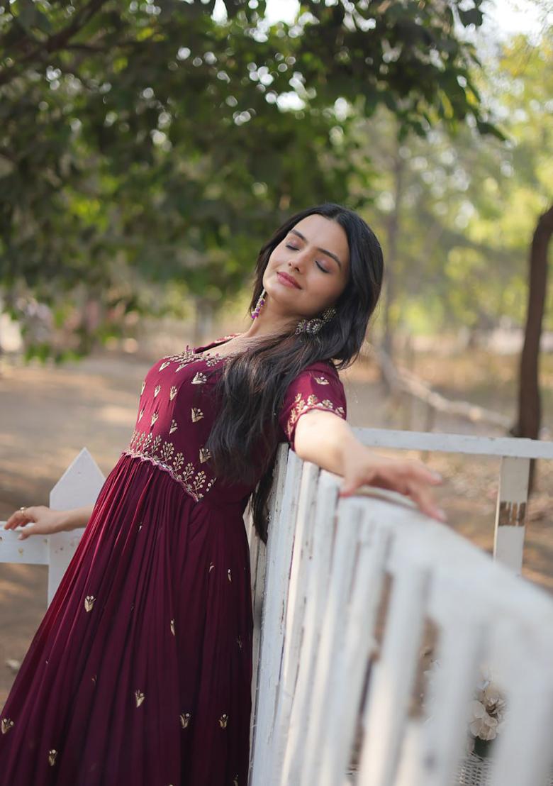 Maroon Zari Sequin Embroidered Faux Blooming Gown