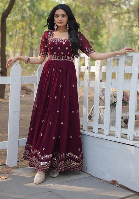 Maroon Zari Sequin Embroidered Faux Blooming Gown