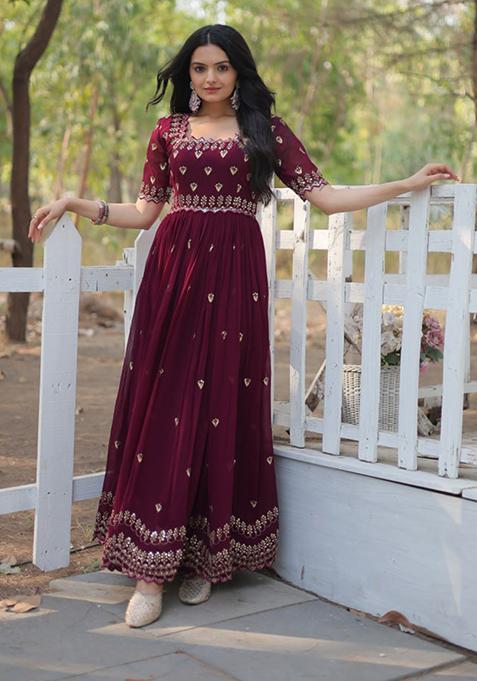 Maroon Zari Sequin Embroidered Faux Blooming Gown