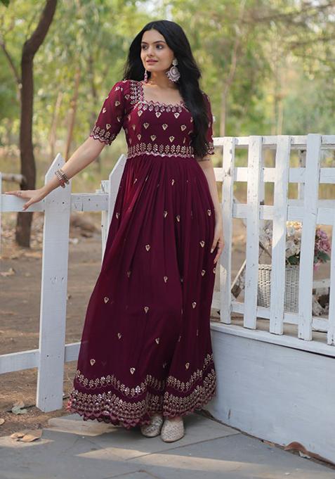 Maroon Zari Sequin Embroidered Faux Blooming Gown