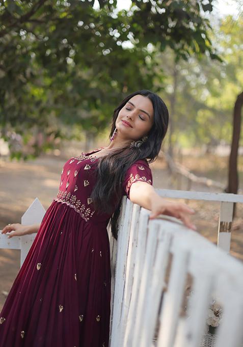 Maroon Zari Sequin Embroidered Faux Blooming Gown