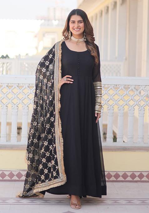 Black Sequin Embroidered Faux Blooming Gown With Dupatta