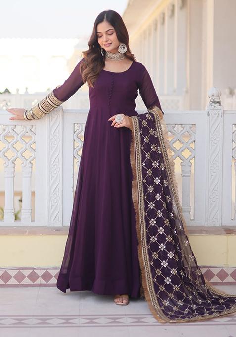 Wine Sequin Embroidered Faux Blooming Gown With Dupatta