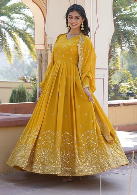 Yellow Zari Sequin Embroidered Faux Georgette Gown With Dupatta