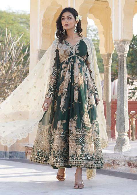 Green Zari Sequin Embroidered Russian Silk Gown With Dupatta