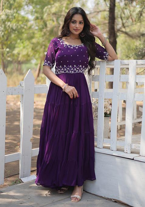 Purple Sequin Embroidered Faux Georgette Gown